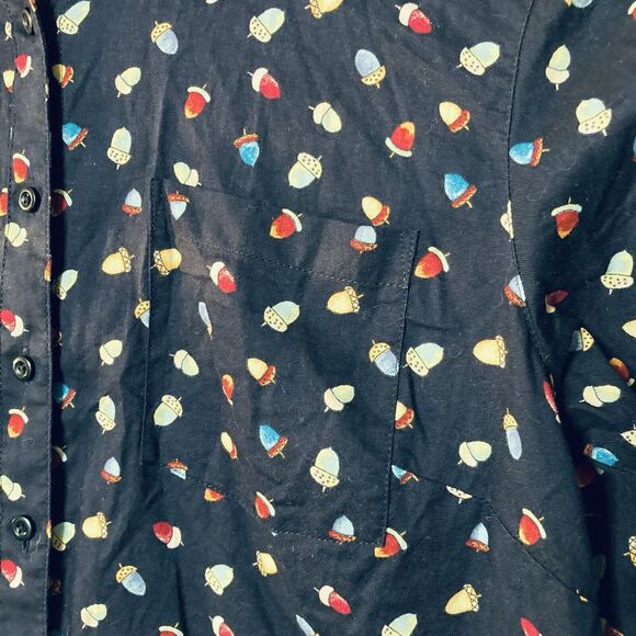 Talbots S Button Up Navy All Over Acorn Print Long Sleeve Blouse Teachercore - Picture 4 of 12